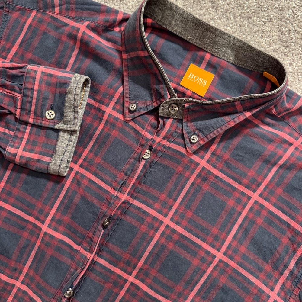 Hugo Boss Shirt Mens L Red Plaid Cotton Down Up Orange Label Preppy Fall Minimal